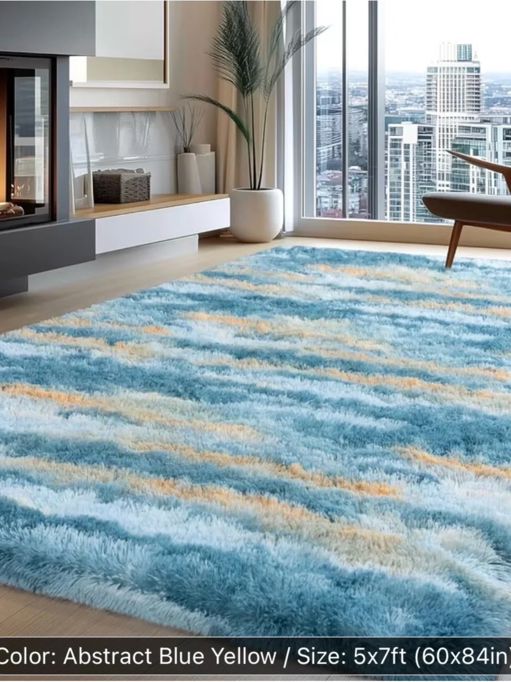 Plush Abstract Blue & Yellow Area Rug - Picture 3 of 7